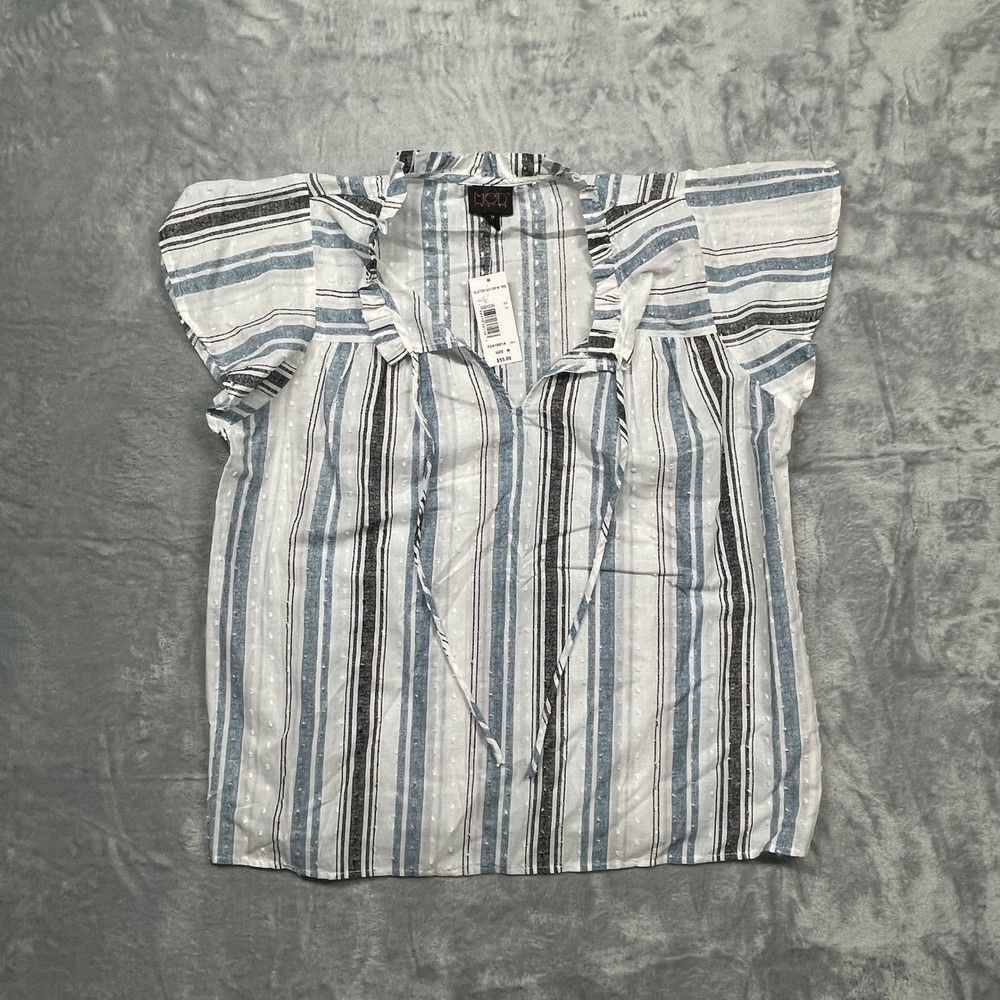 Mod Lusive Flutter Sleeve Top Women Size M Blue White Striped Swiss Dot NWT‎